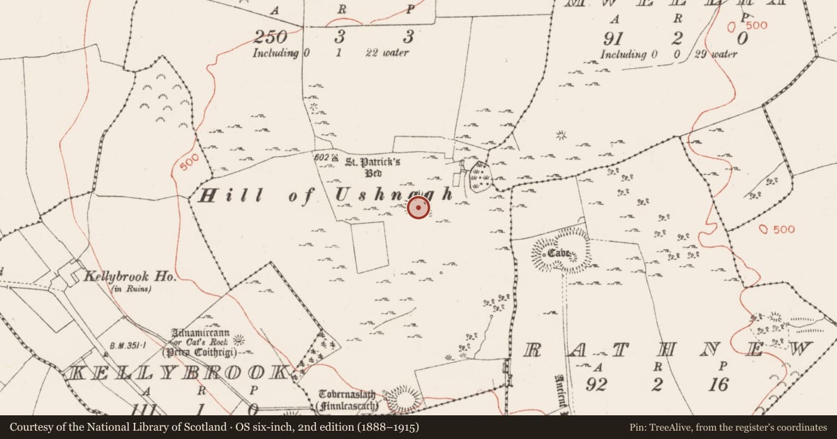 Ordnance Survey six-inch map, 2nd edition (1888–1915) covering the location of Earthwork, Ushnagh Hill, County Westmeath, with a pin at the register's coordinates