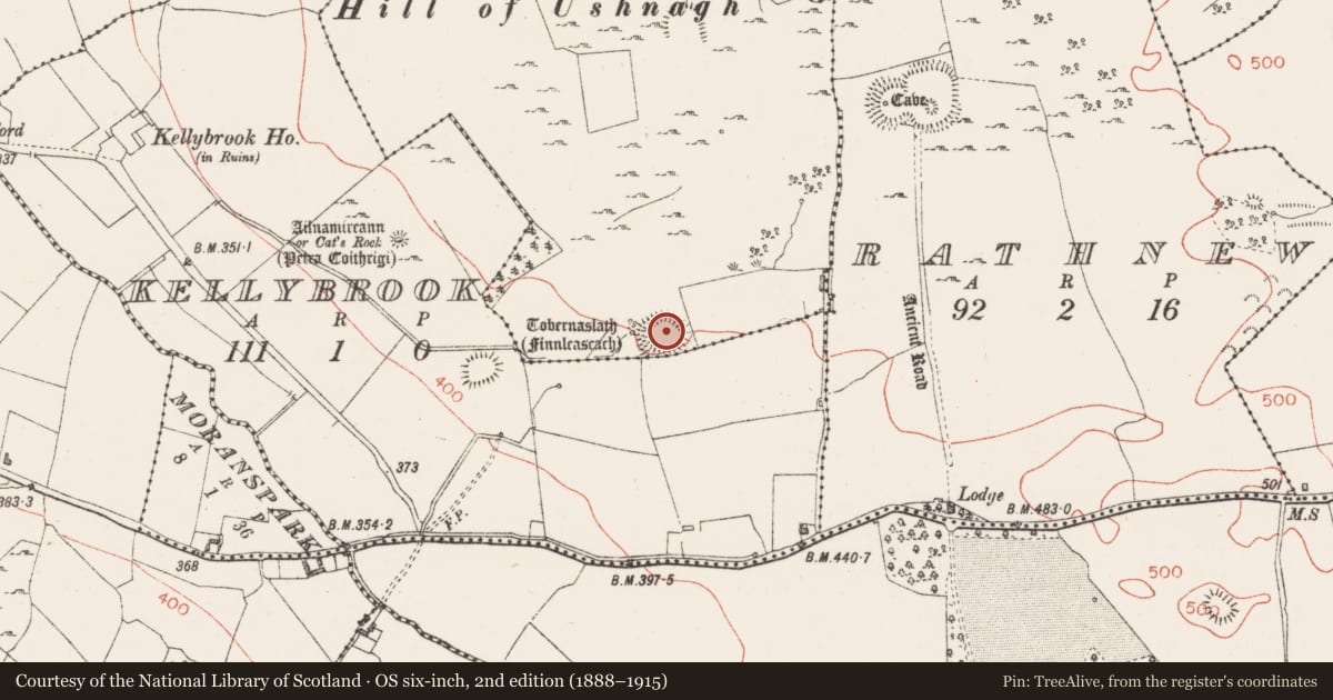 Ordnance Survey six-inch map, 2nd edition (1888–1915) covering the location of Barrow - unclassified, Ushnagh Hill, County Westmeath, with a pin at the register's coordinates