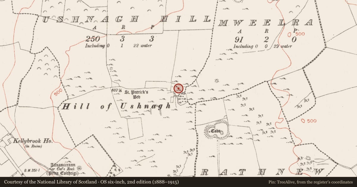 Ordnance Survey six-inch map, 2nd edition (1888–1915) covering the location of Burial ground, Ushnagh Hill, County Westmeath, with a pin at the register's coordinates