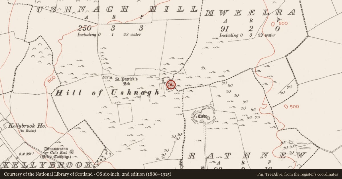 Ordnance Survey six-inch map, 2nd edition (1888–1915) covering the location of Ritual site - pond, Ushnagh Hill, County Westmeath, with a pin at the register's coordinates