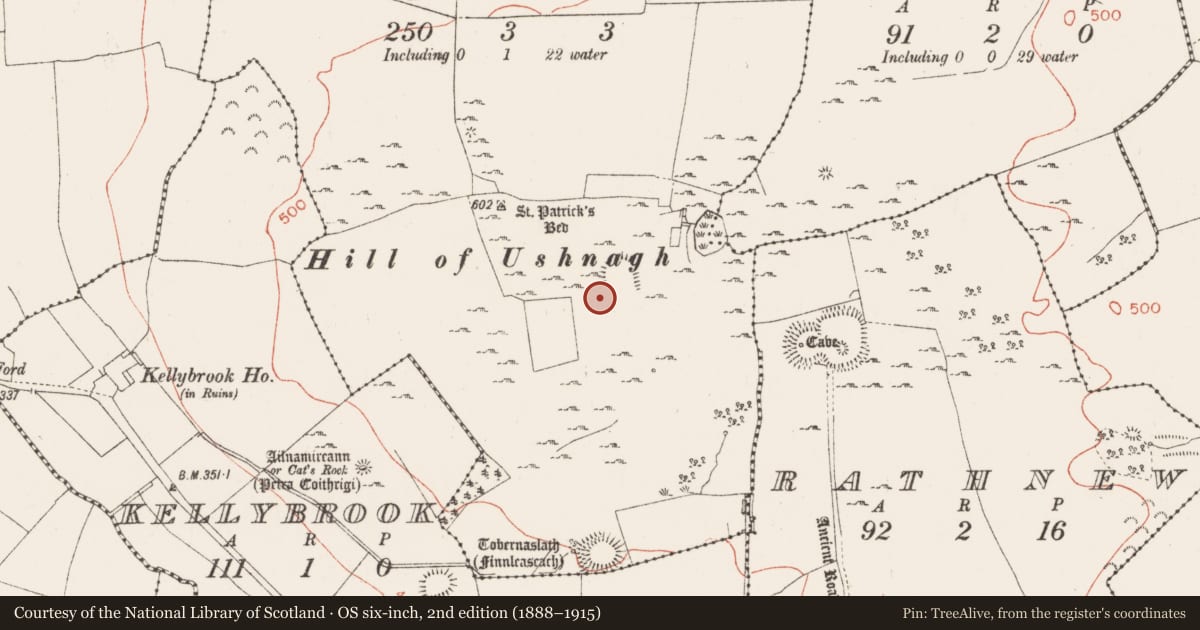 Ordnance Survey six-inch map, 2nd edition (1888–1915) covering the location of Hut site, Ushnagh Hill, County Westmeath, with a pin at the register's coordinates