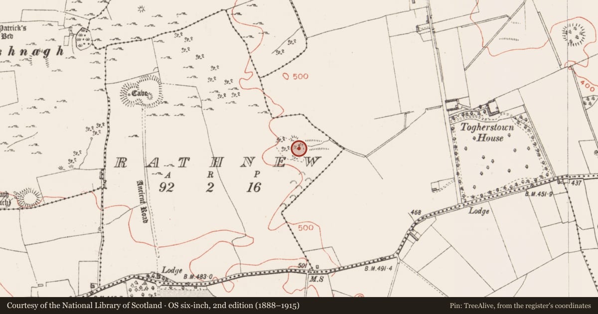 Ordnance Survey six-inch map, 2nd edition (1888–1915) covering the location of Enclosure, Rathnew, County Westmeath, with a pin at the register's coordinates