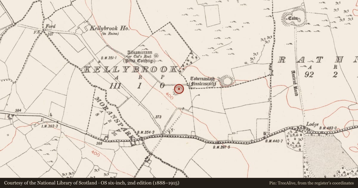 Ordnance Survey six-inch map, 2nd edition (1888–1915) covering the location of Ringfort - rath, Kellybrook, County Westmeath, with a pin at the register's coordinates