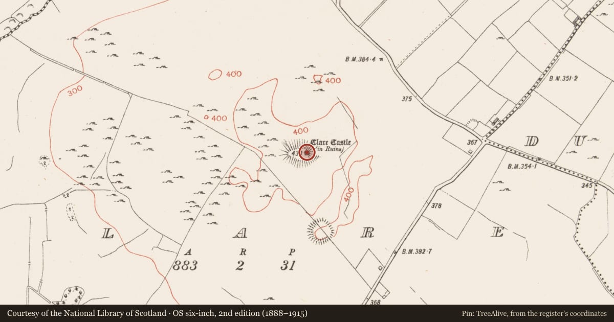 Ordnance Survey six-inch map, 2nd edition (1888–1915) covering the location of Castle - tower house, Clare, County Westmeath, with a pin at the register's coordinates