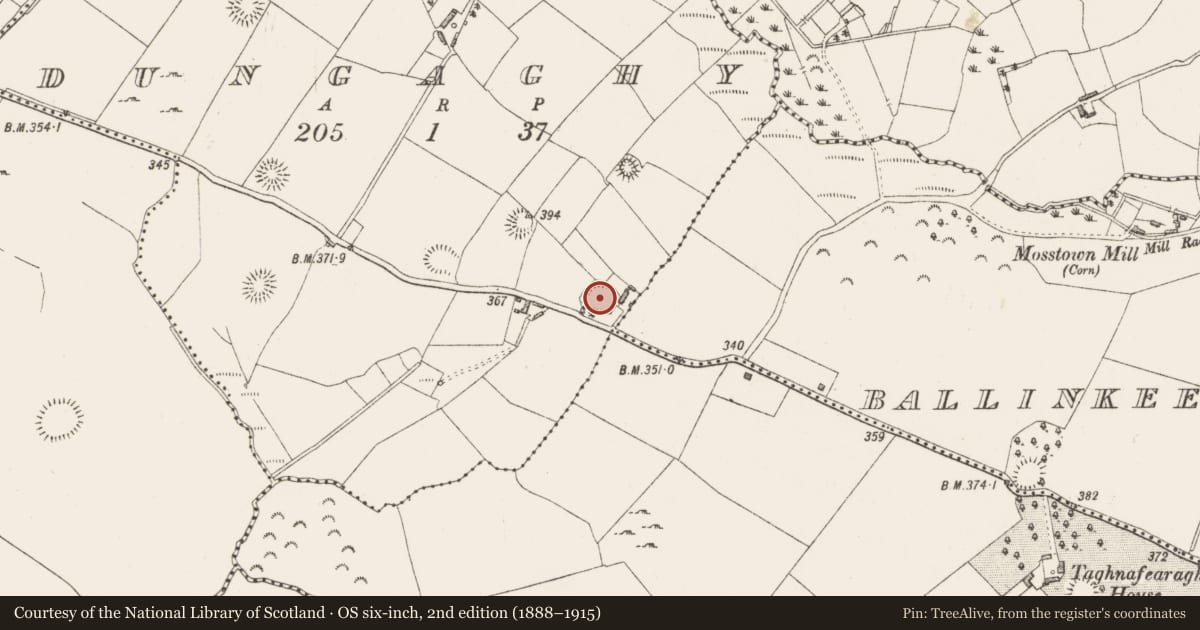 Ordnance Survey six-inch map, 2nd edition (1888–1915) covering the location of Ringfort - rath, Dungaghy, County Westmeath, with a pin at the register's coordinates