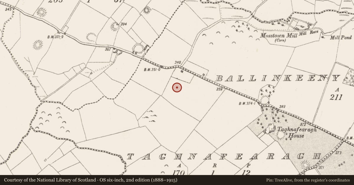 Ordnance Survey six-inch map, 2nd edition (1888–1915) covering the location of Ringfort - unclassified, Taghnafearagh, County Westmeath, with a pin at the register's coordinates