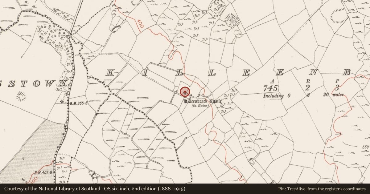 Ordnance Survey six-inch map, 2nd edition (1888–1915) covering the location of Castle - tower house, Killeenbrack, County Westmeath, with a pin at the register's coordinates