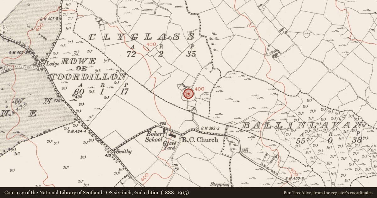 Ordnance Survey six-inch map, 2nd edition (1888–1915) covering the location of Ringfort - cashel, Clyglass, County Westmeath, with a pin at the register's coordinates