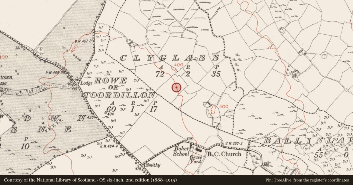 Ordnance Survey six-inch map, 2nd edition (1888–1915) covering the location of Enclosure, Clyglass, County Westmeath, with a pin at the register's coordinates