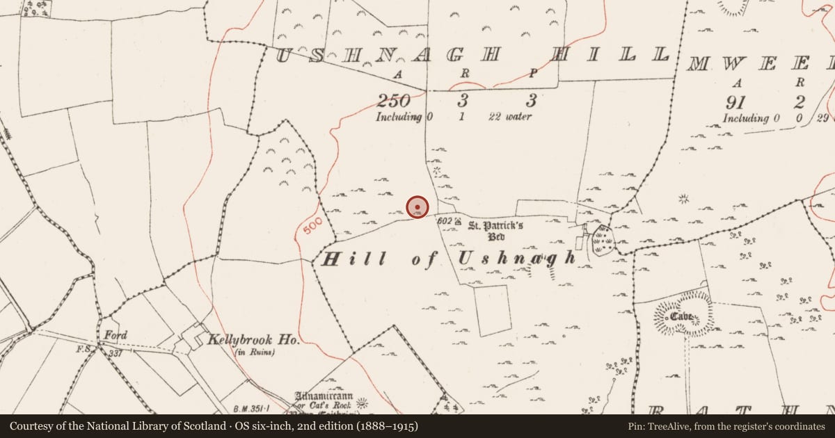 Ordnance Survey six-inch map, 2nd edition (1888–1915) covering the location of Building, Ushnagh Hill, County Westmeath, with a pin at the register's coordinates