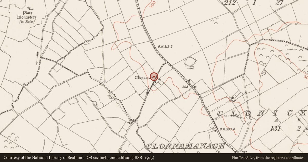 Ordnance Survey six-inch map, 2nd edition (1888–1915) covering the location of Religious house - Cistercian nuns, Clonnamanagh, Mullaghcloe, County Westmeath, with a pin at the register's coordinates