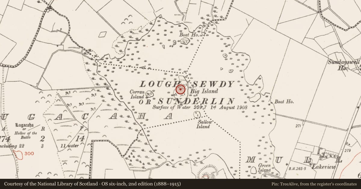 Ordnance Survey six-inch map, 2nd edition (1888–1915) covering the location of Crannog, Lugacaha, County Westmeath, with a pin at the register's coordinates