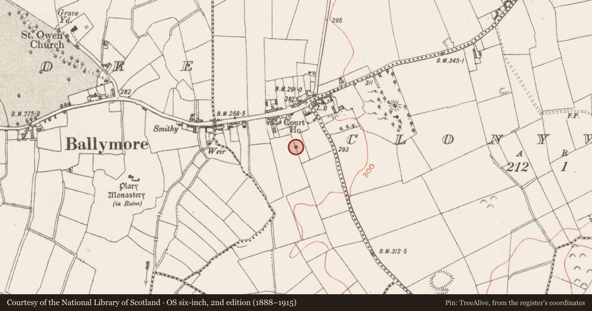 Ordnance Survey six-inch map, 2nd edition (1888–1915) covering the location of Hospital, Ballymore, County Westmeath, with a pin at the register's coordinates
