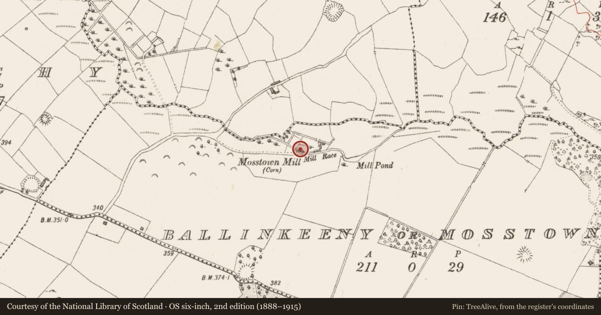 Ordnance Survey six-inch map, 2nd edition (1888–1915) covering the location of Water mill - unclassified, Ballinkeeny Or Mosstown, County Westmeath, with a pin at the register's coordinates