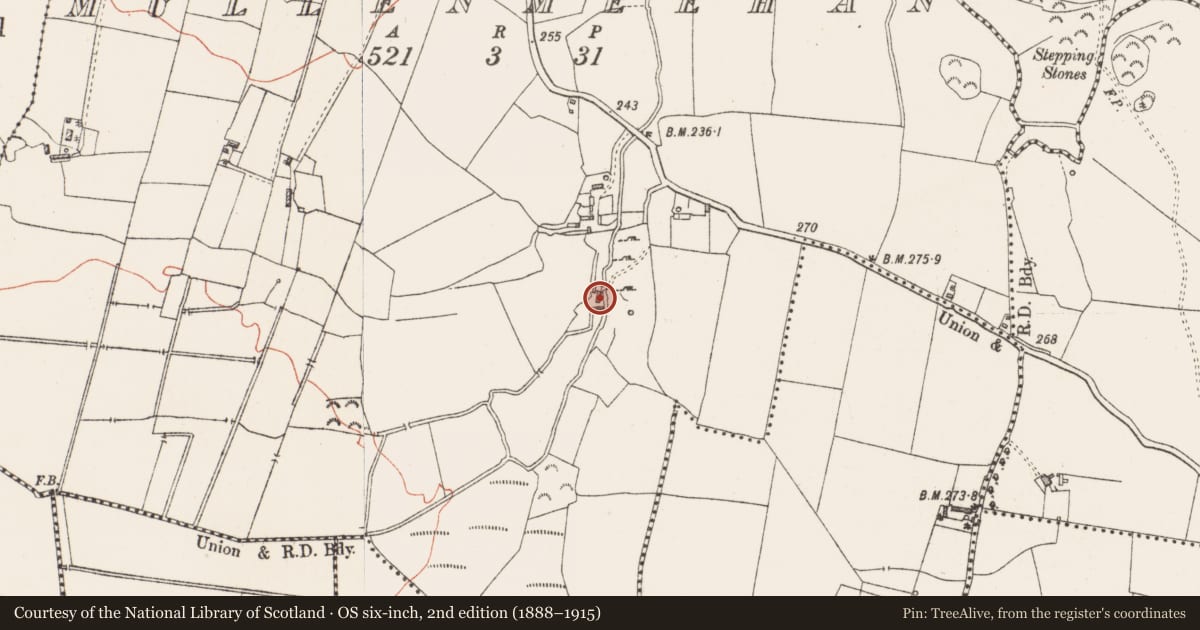 Ordnance Survey six-inch map, 2nd edition (1888–1915) covering the location of Water mill - unclassified, Mullenmeehan, County Westmeath, with a pin at the register's coordinates