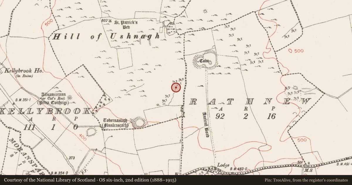 Ordnance Survey six-inch map, 2nd edition (1888–1915) covering the location of Ritual site - holy well, Ushnagh Hill, County Westmeath, with a pin at the register's coordinates