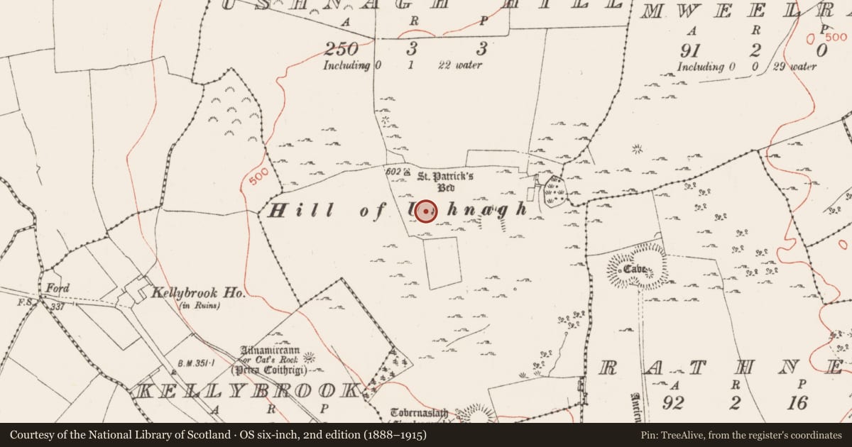 Ordnance Survey six-inch map, 2nd edition (1888–1915) covering the location of Barrow - mound barrow, Ushnagh Hill, County Westmeath, with a pin at the register's coordinates