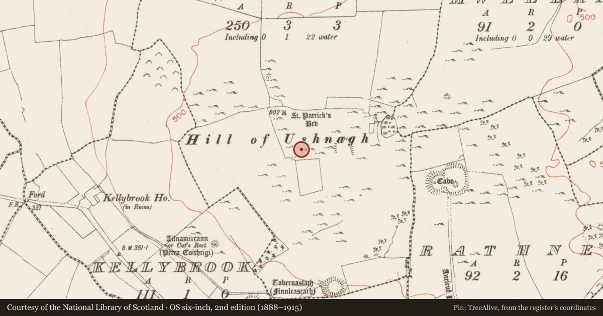 Ordnance Survey six-inch map, 2nd edition (1888–1915) covering the location of House - medieval, Ushnagh Hill, County Westmeath, with a pin at the register's coordinates
