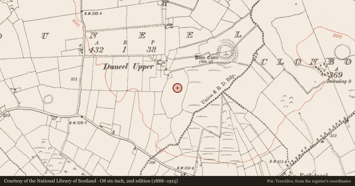 Ordnance Survey six-inch map, 2nd edition (1888–1915) covering the location of Enclosure - large enclosure, Duneel, County Westmeath, with a pin at the register's coordinates