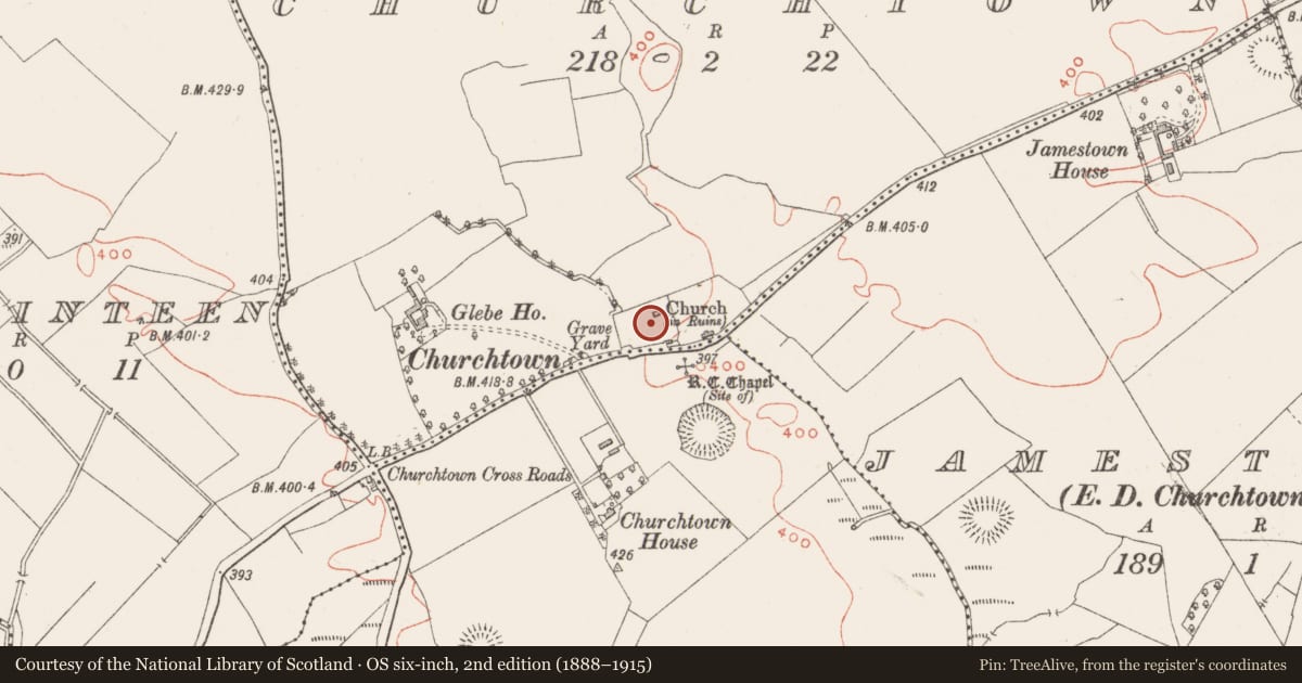Ordnance Survey six-inch map, 2nd edition (1888–1915) covering the location of Church, Churchtown, County Westmeath, with a pin at the register's coordinates