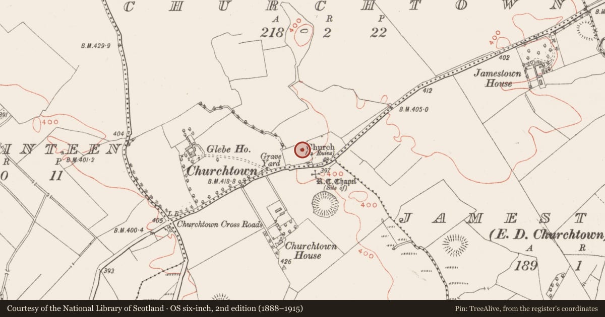 Ordnance Survey six-inch map, 2nd edition (1888–1915) covering the location of Church, Churchtown, County Westmeath, with a pin at the register's coordinates
