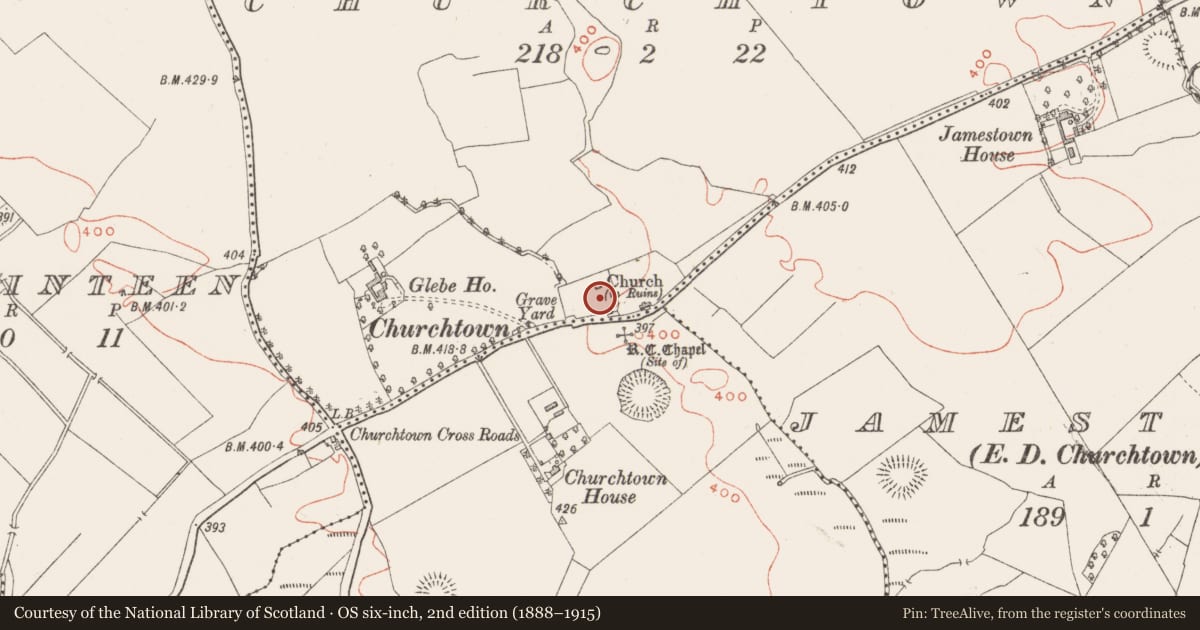 Ordnance Survey six-inch map, 2nd edition (1888–1915) covering the location of Font, Churchtown, County Westmeath, with a pin at the register's coordinates
