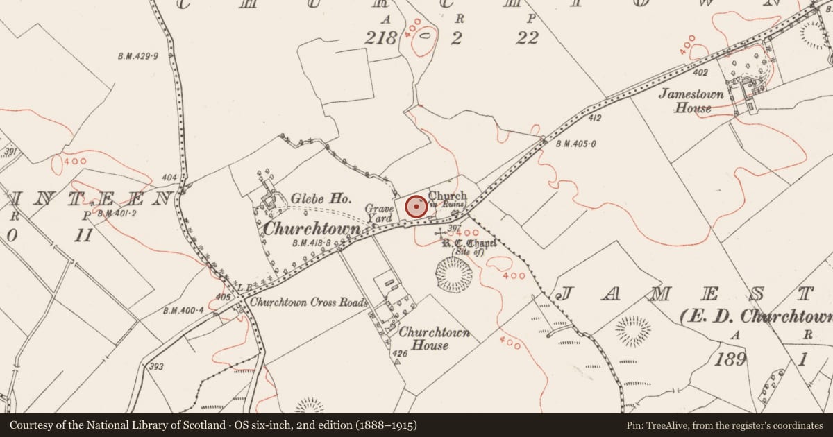 Ordnance Survey six-inch map, 2nd edition (1888–1915) covering the location of Ecclesiastical enclosure, Churchtown, County Westmeath, with a pin at the register's coordinates