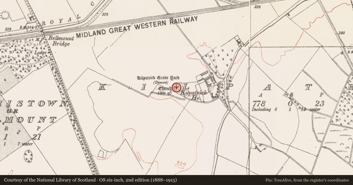 Ordnance Survey six-inch map, 2nd edition (1888–1915) covering the location of Church, Kilpatrick, County Westmeath, with a pin at the register's coordinates