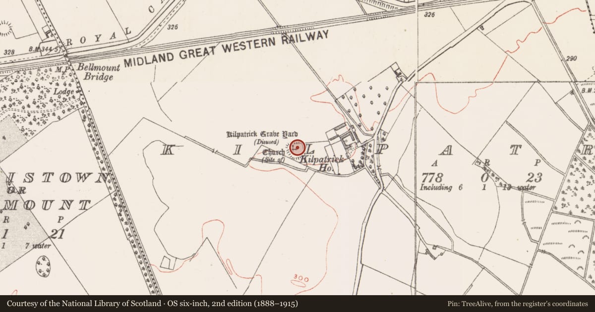 Ordnance Survey six-inch map, 2nd edition (1888–1915) covering the location of Graveyard, Kilpatrick, County Westmeath, with a pin at the register's coordinates