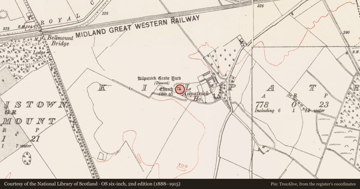Ordnance Survey six-inch map, 2nd edition (1888–1915) covering the location of Ecclesiastical enclosure, Kilpatrick, County Westmeath, with a pin at the register's coordinates