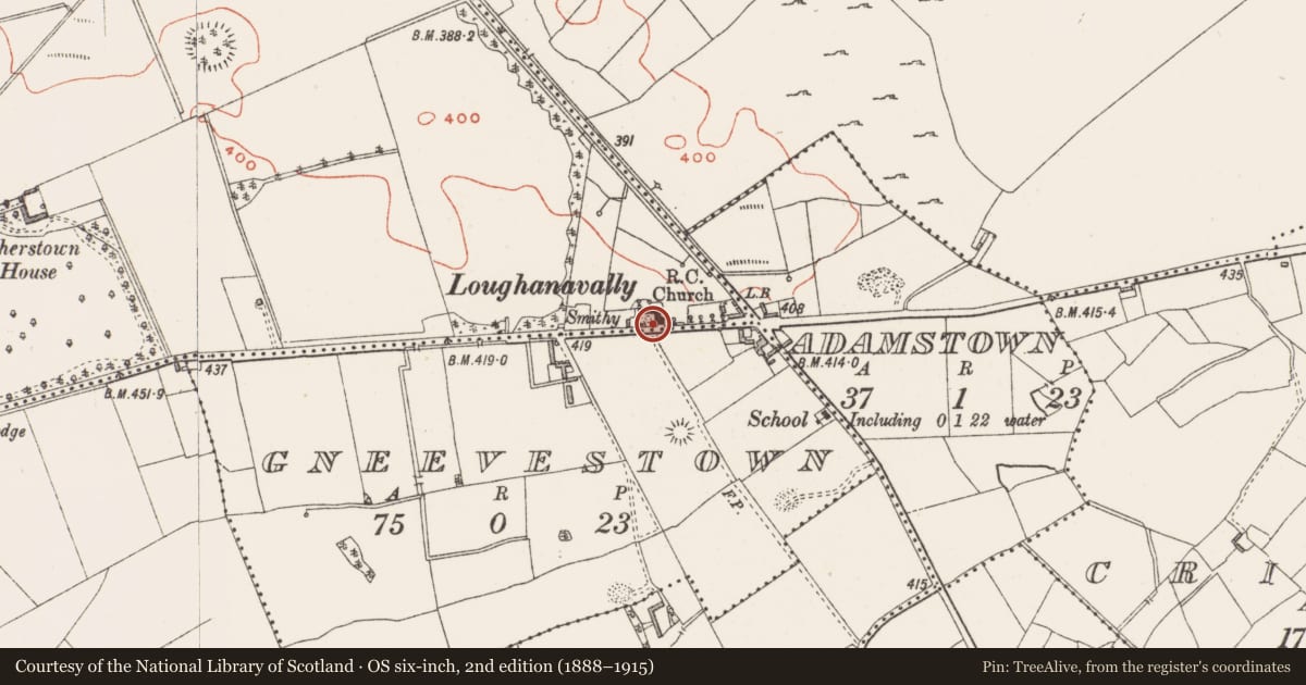 Ordnance Survey six-inch map, 2nd edition (1888–1915) covering the location of Bullaun stone, Togherstown, County Westmeath, with a pin at the register's coordinates