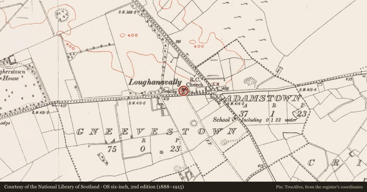 Ordnance Survey six-inch map, 2nd edition (1888–1915) covering the location of Font (present location), Togherstown, County Westmeath, with a pin at the register's coordinates