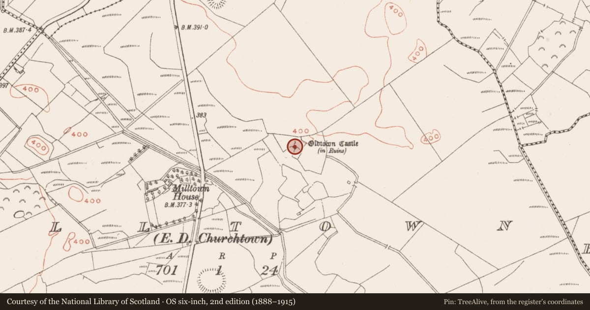 Ordnance Survey six-inch map, 2nd edition (1888–1915) covering the location of Castle - tower house, Milltown, County Westmeath, with a pin at the register's coordinates