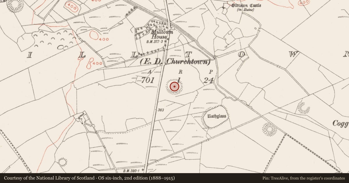 Ordnance Survey six-inch map, 2nd edition (1888–1915) covering the location of Ringfort - rath, Milltown, County Westmeath, with a pin at the register's coordinates