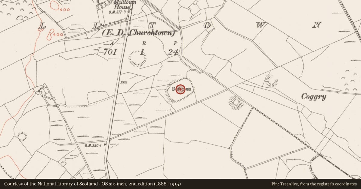 Ordnance Survey six-inch map, 2nd edition (1888–1915) covering the location of Enclosure - large enclosure, Milltown, County Westmeath, with a pin at the register's coordinates