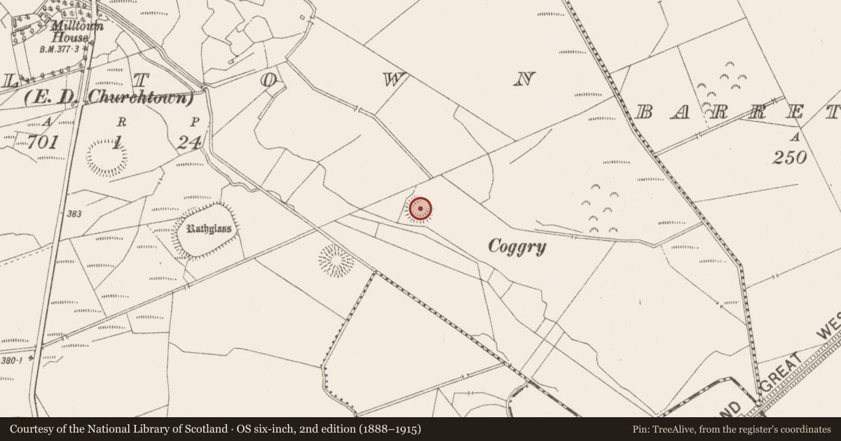 Ordnance Survey six-inch map, 2nd edition (1888–1915) covering the location of Ringfort - rath, Milltown, County Westmeath, with a pin at the register's coordinates