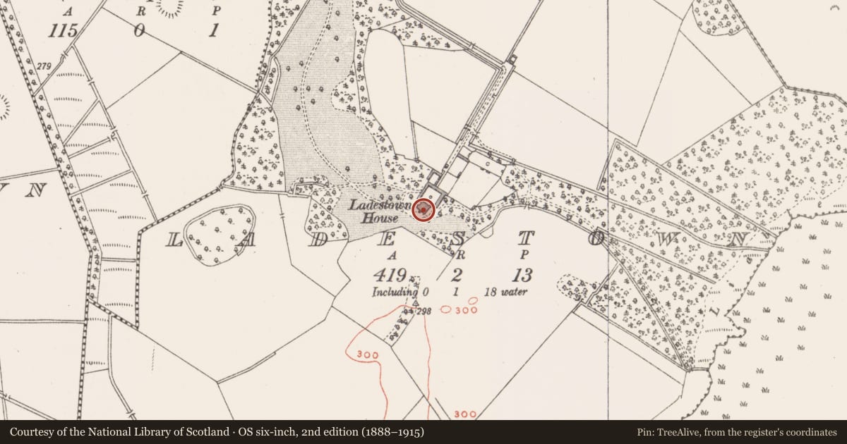 Ordnance Survey six-inch map, 2nd edition (1888–1915) covering the location of House - fortified house, Ladestown, County Westmeath, with a pin at the register's coordinates
