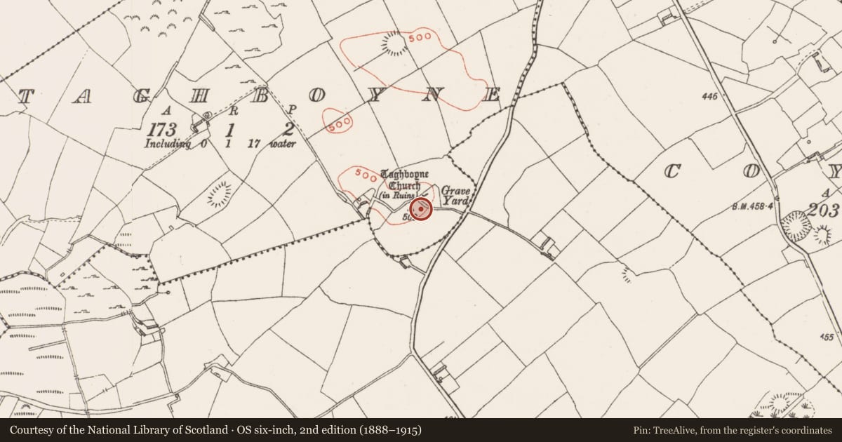 Ordnance Survey six-inch map, 2nd edition (1888–1915) covering the location of Ecclesiastical enclosure, Taghboyne, County Westmeath, with a pin at the register's coordinates