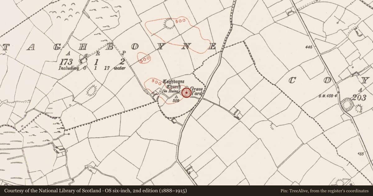 Ordnance Survey six-inch map, 2nd edition (1888–1915) covering the location of Graveyard, Taghboyne, County Westmeath, with a pin at the register's coordinates
