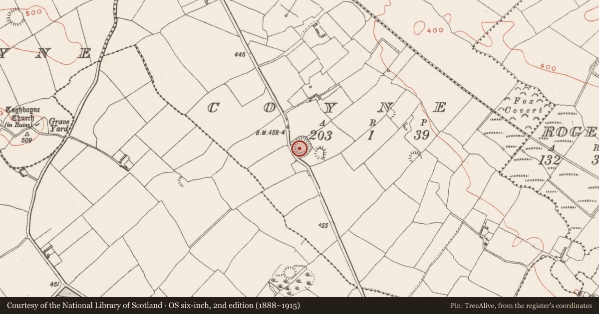 Ordnance Survey six-inch map, 2nd edition (1888–1915) covering the location of Ringfort - rath, Coyne, County Westmeath, with a pin at the register's coordinates
