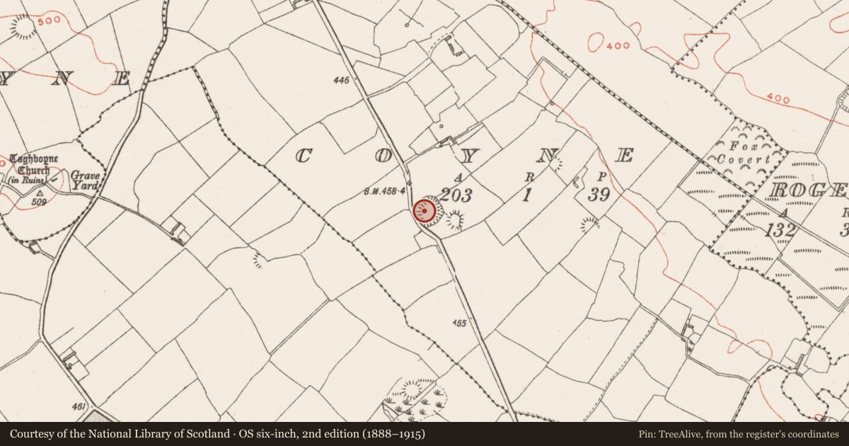 Ordnance Survey six-inch map, 2nd edition (1888–1915) covering the location of House - indeterminate date, Coyne, County Westmeath, with a pin at the register's coordinates