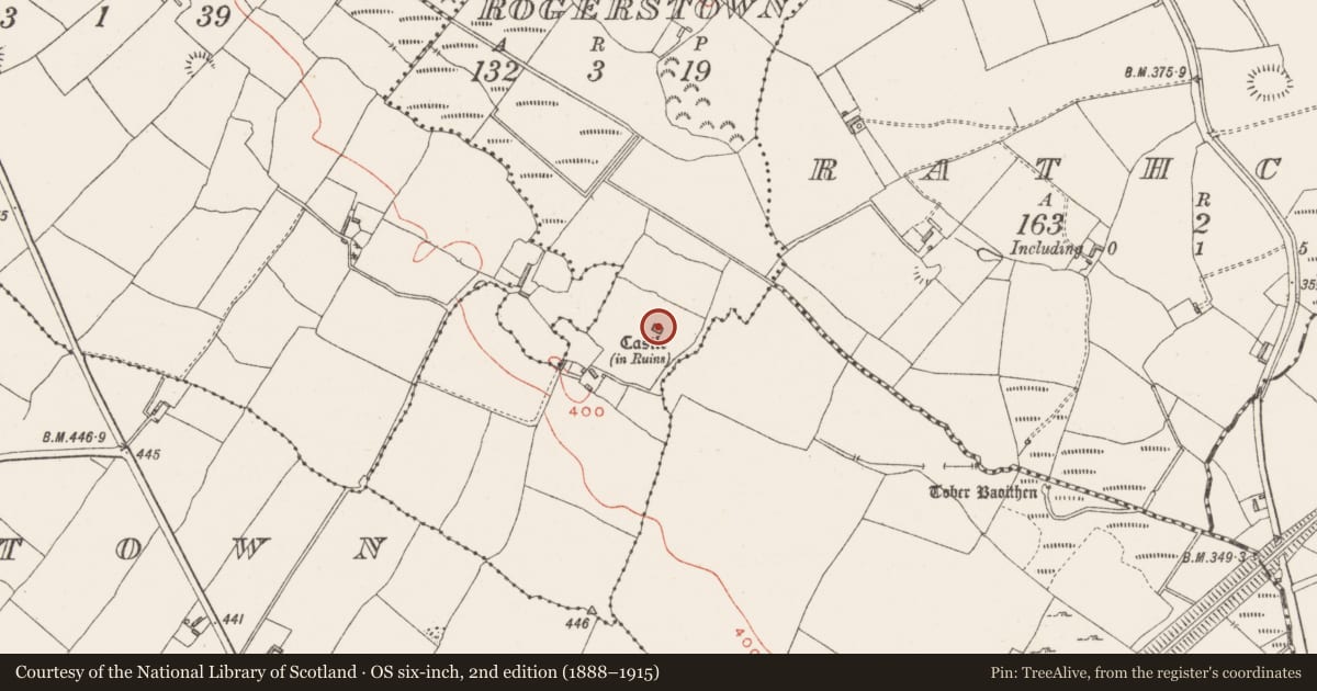 Ordnance Survey six-inch map, 2nd edition (1888–1915) covering the location of Castle - tower house, Rogerstown, County Westmeath, with a pin at the register's coordinates