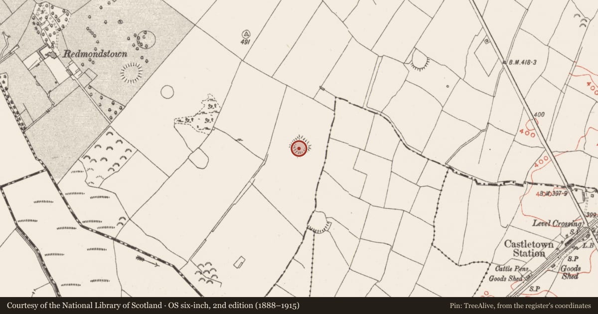 Ordnance Survey six-inch map, 2nd edition (1888–1915) covering the location of Moated site, Redmondstown, County Westmeath, with a pin at the register's coordinates