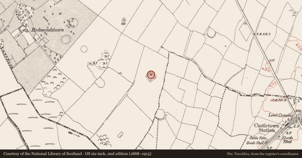 Ordnance Survey six-inch map, 2nd edition (1888–1915) covering the location of Souterrain, Redmondstown, County Westmeath, with a pin at the register's coordinates