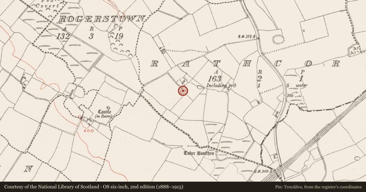 Ordnance Survey six-inch map, 2nd edition (1888–1915) covering the location of Ringfort - rath, Rathcore, County Westmeath, with a pin at the register's coordinates