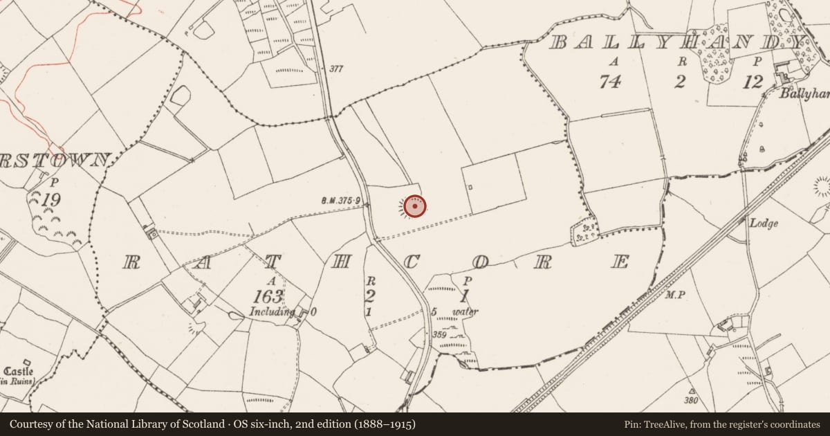 Ordnance Survey six-inch map, 2nd edition (1888–1915) covering the location of Ringfort - rath, Rathcore, County Westmeath, with a pin at the register's coordinates