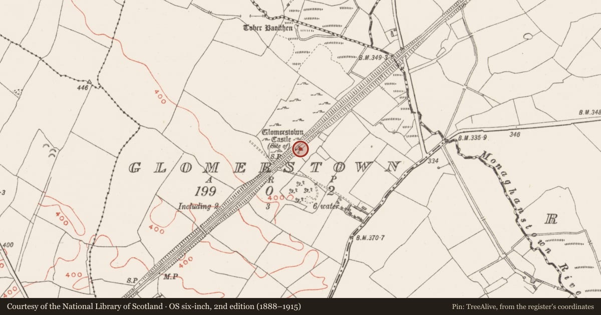 Ordnance Survey six-inch map, 2nd edition (1888–1915) covering the location of Castle - unclassified, Glomerstown, County Westmeath, with a pin at the register's coordinates