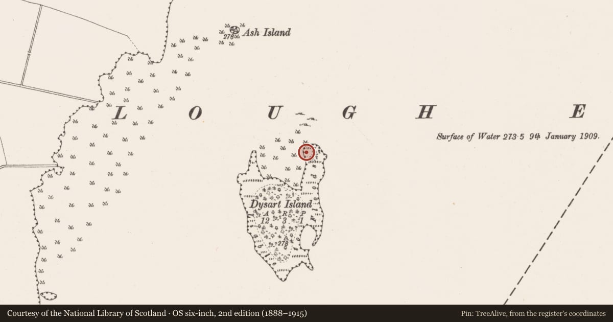 Ordnance Survey six-inch map, 2nd edition (1888–1915) covering the location of Bastioned fort, Dysart Island (Lough Ennell), County Westmeath, with a pin at the register's coordinates