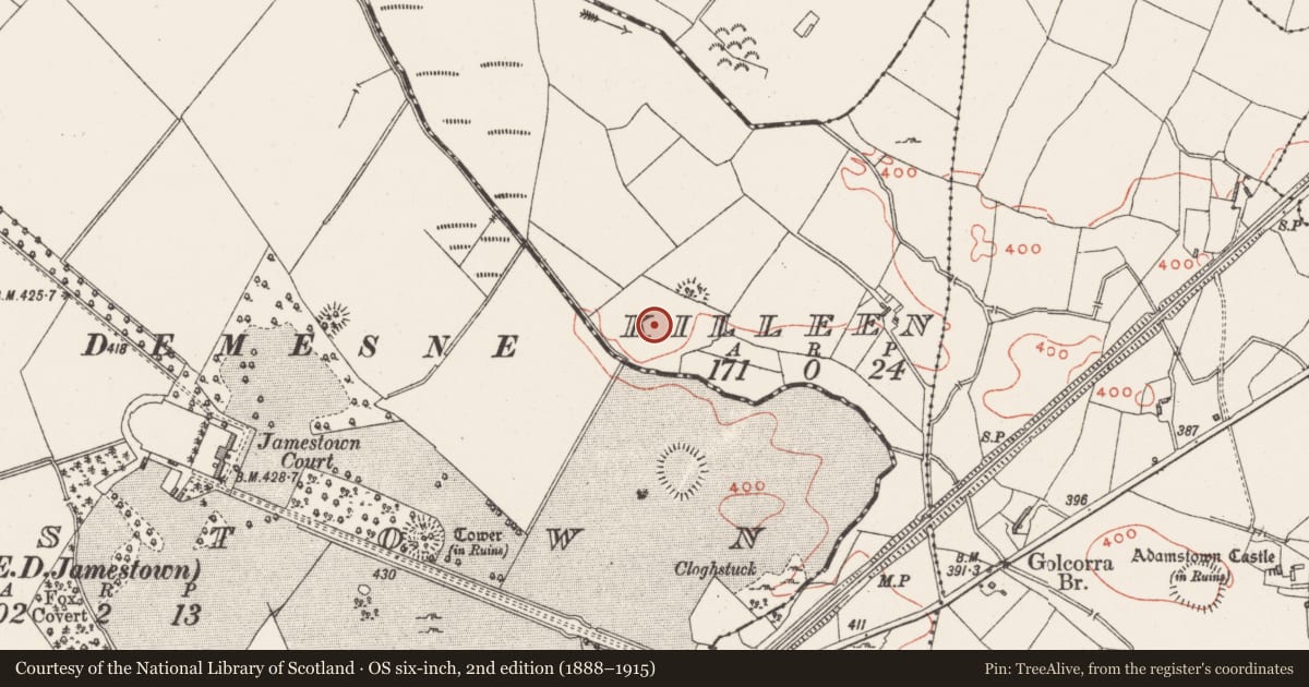 Ordnance Survey six-inch map, 2nd edition (1888–1915) covering the location of Enclosure, Killeen, County Westmeath, with a pin at the register's coordinates