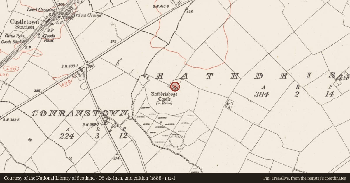 Ordnance Survey six-inch map, 2nd edition (1888–1915) covering the location of Castle - unclassified, Rathdrishoge, County Westmeath, with a pin at the register's coordinates
